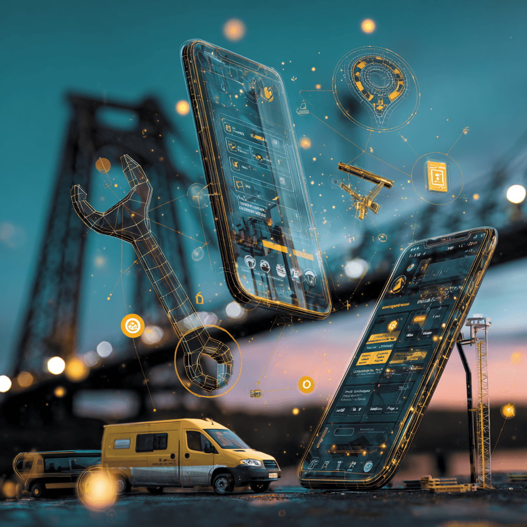 Teesside tradesperson using digital tools on tablet at construction site for job management